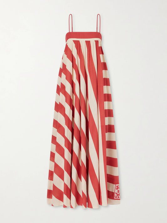 Image of Dresses. Product name - Roselight Striped Cotton Maxi Dress in Red colour by brand - Zimmermann