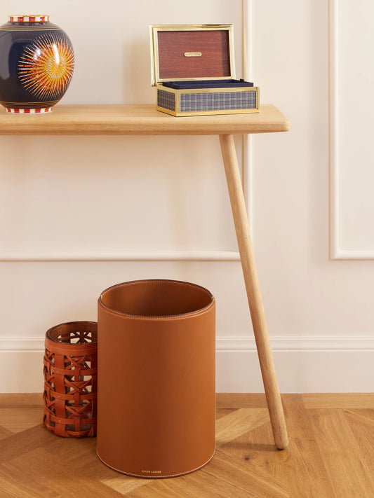 Image of Decor. Product name - Brennan Leather Waste Bin in Brown colour by brand - Ralph Lauren Home