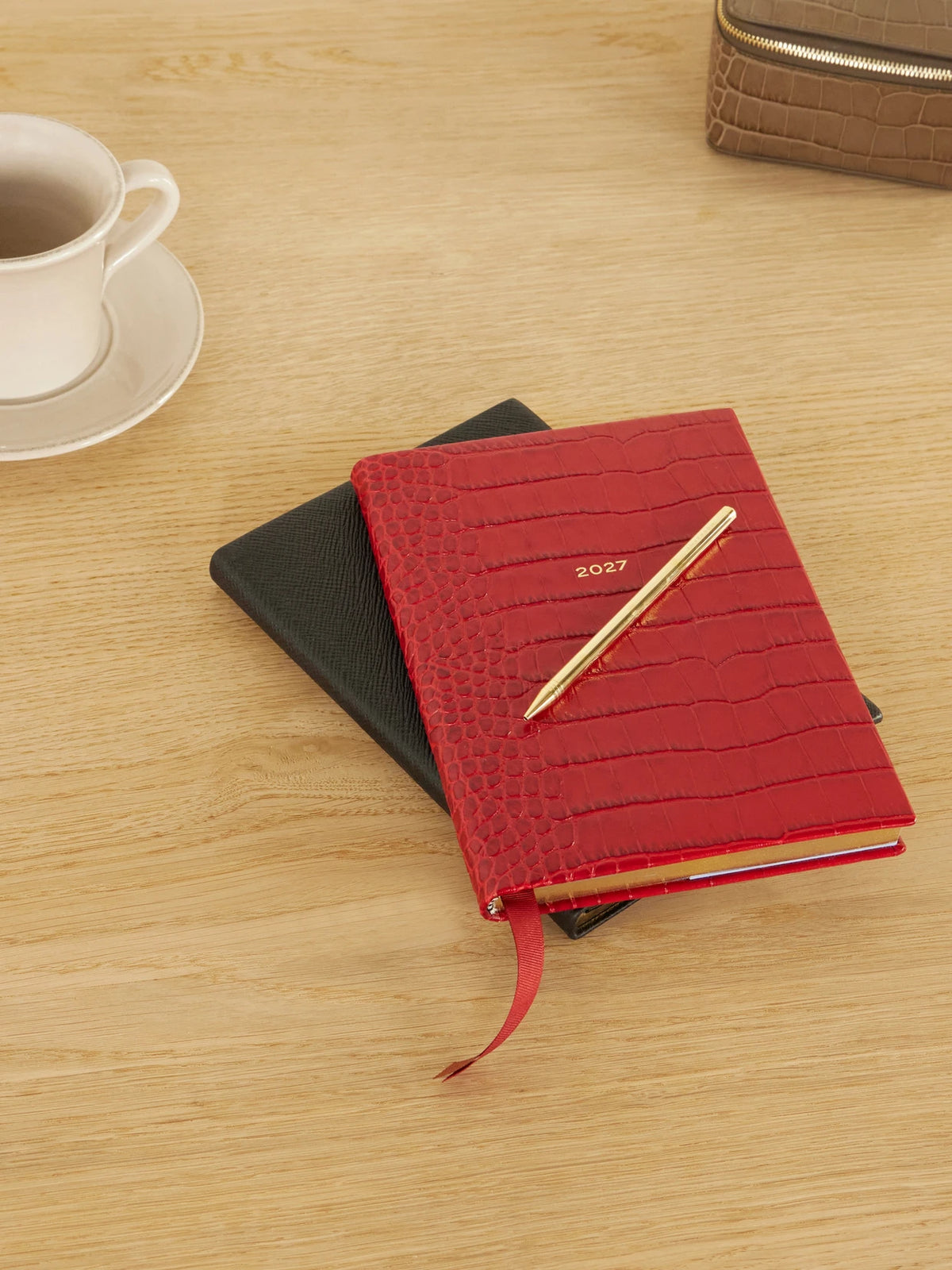 Image of Decor. Product name - Mara 2027 Croc-embossed Leather Diary in Red colour by brand - Smythson