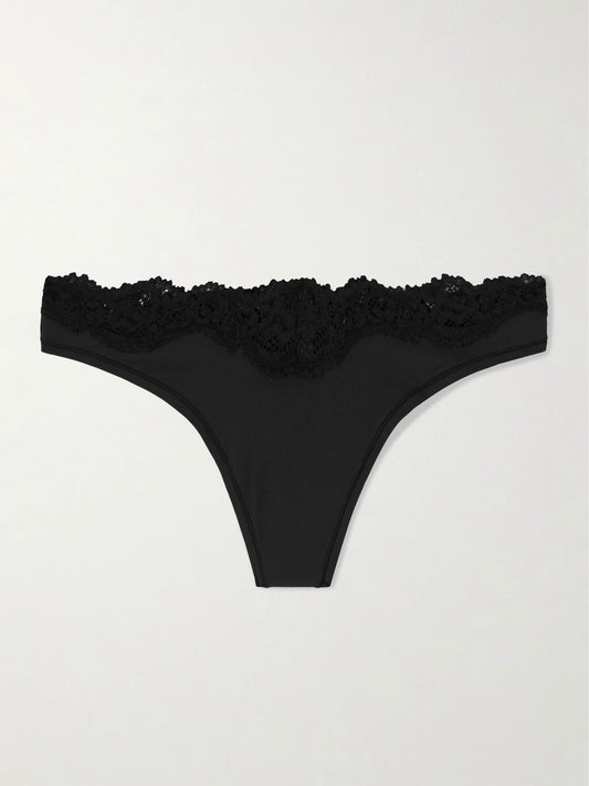 Image of Lingerie. Product name - Fits Everybody Lace Dipped Thong - Onyx in Black colour by brand - SKIMS