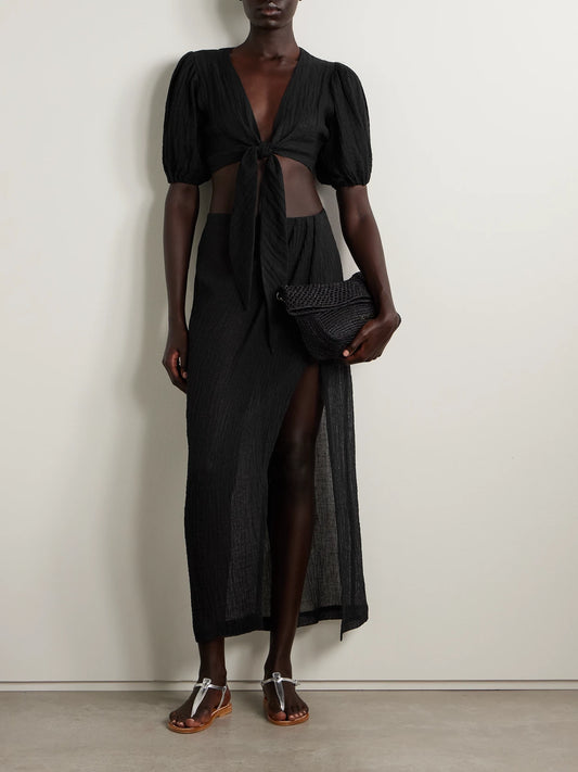 Image of Neckties. Product name - Cropped Tie-front Linen-blend Gauze Top in Black colour by brand - Lisa Marie Fernandez