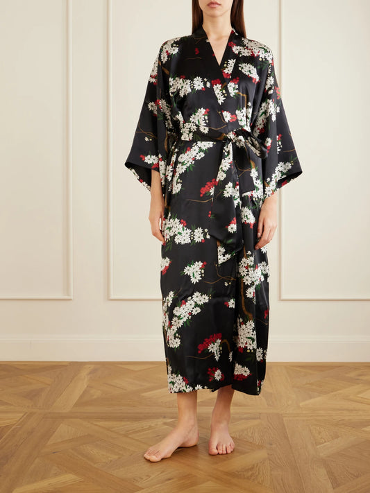 Queenie Belted Floral-printed Silk-satin Robe