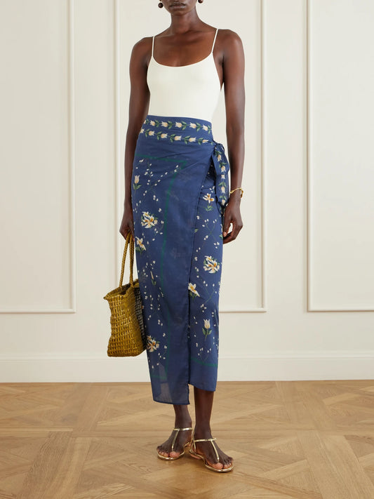 Image of Swimwear. Product name - Floral Print Wrap Cotton And Silk-blend Coverup in Navy colour by brand - Agua by Agua Bendita