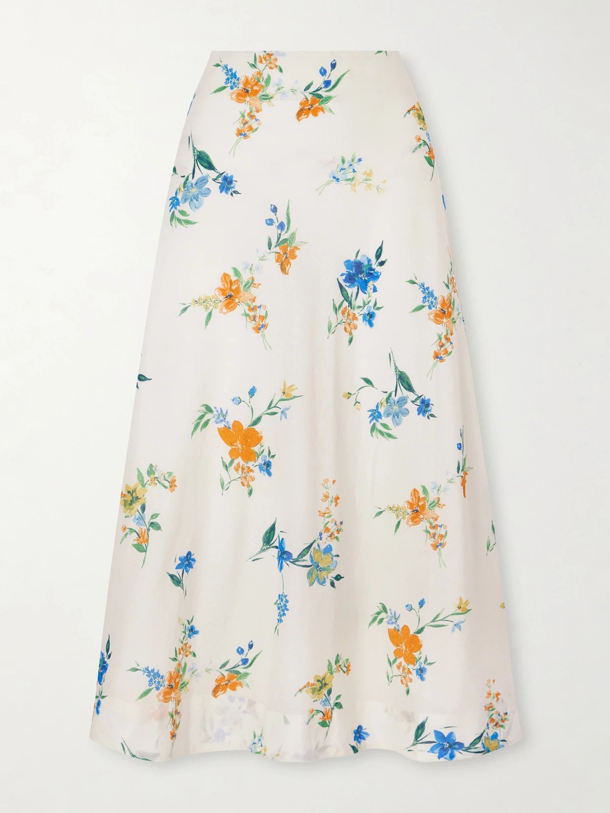 Image of a model wearing Skirts. Product name - Mila Floral-print Organic Cotton Midi Skirt in Cream colour by brand - SKALL