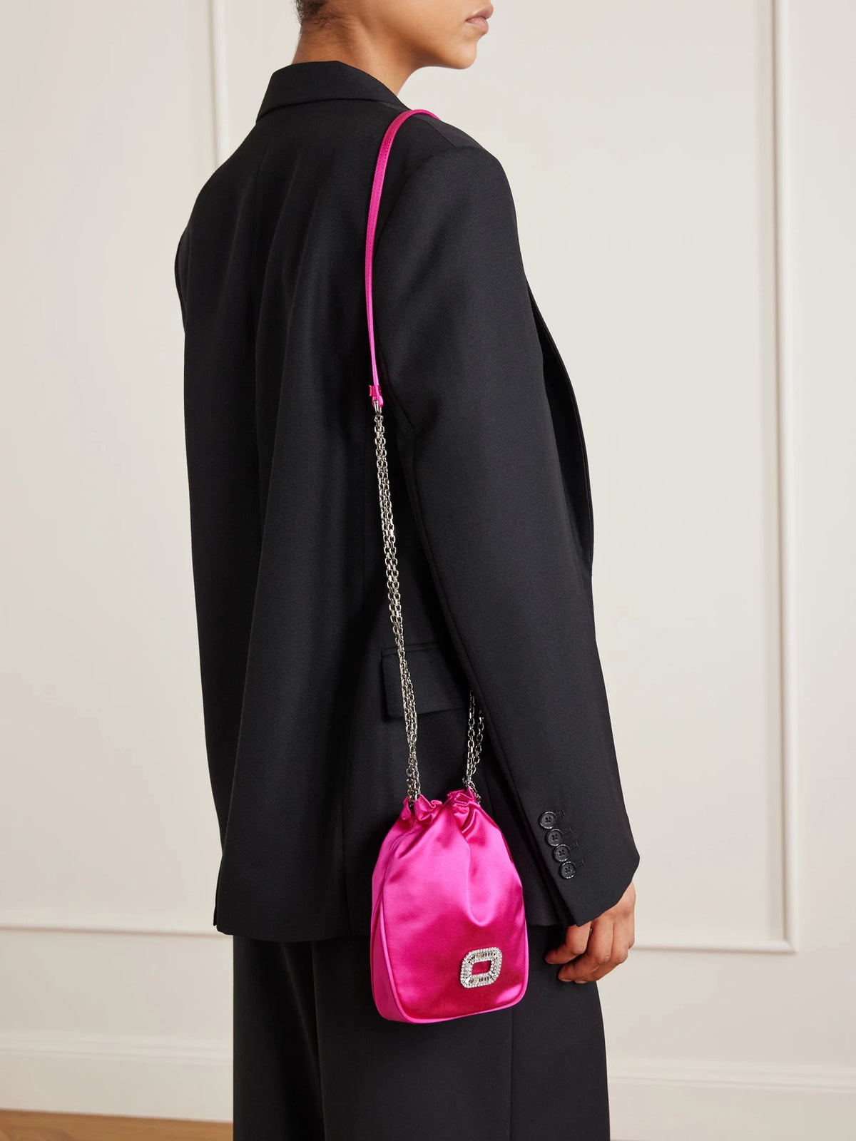 Image of Bags. Product name - Pilgrim Nano Crystal-embellished Satin Shoulder Bag in Fuchsia colour by brand - Roger Vivier