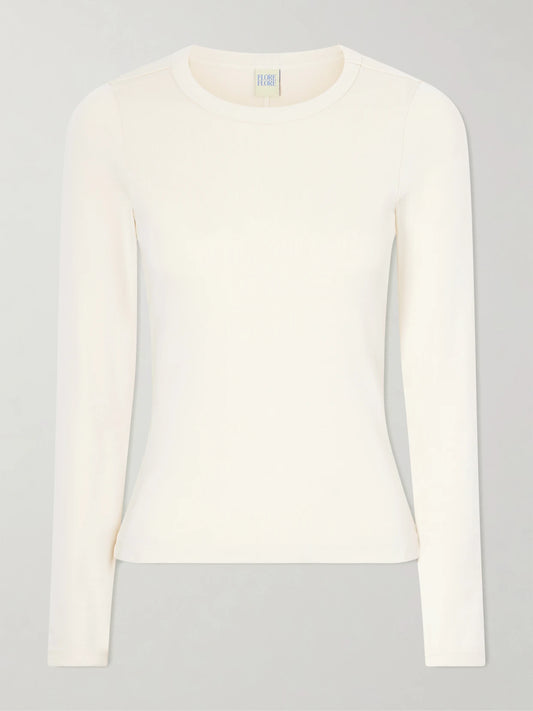 Image of a model wearing Tops. Product name - Max Organic Cotton-jersey T-shirt in Beige colour by brand - FLORE FLORE