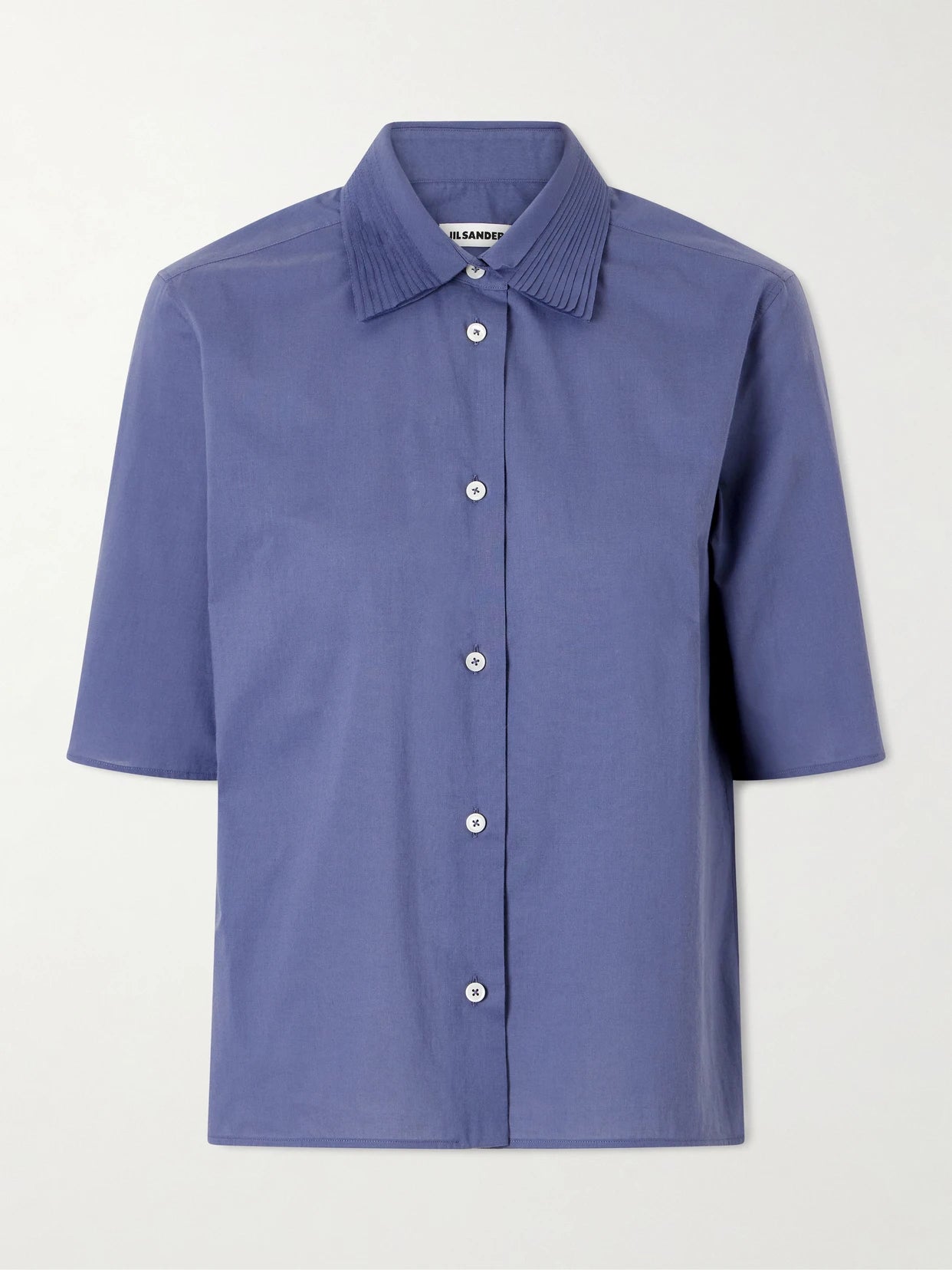 Image of a model wearing Tops. Product name - Pleated Cotton Shirt in Blue colour by brand - Jil Sander