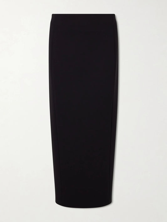 Image of a model wearing Skirts. Product name - Lyle Crepe Midi Skirt in Black colour by brand - KHAITE