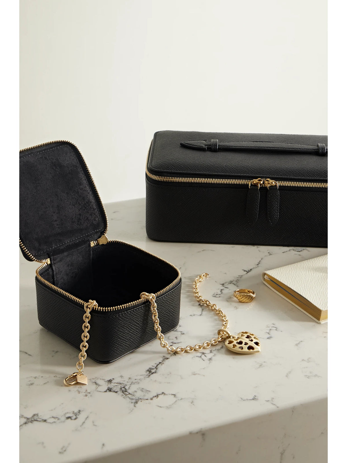 Image of Decor. Product name - Panama Textured-leather Trinket Case in Black colour by brand - Smythson