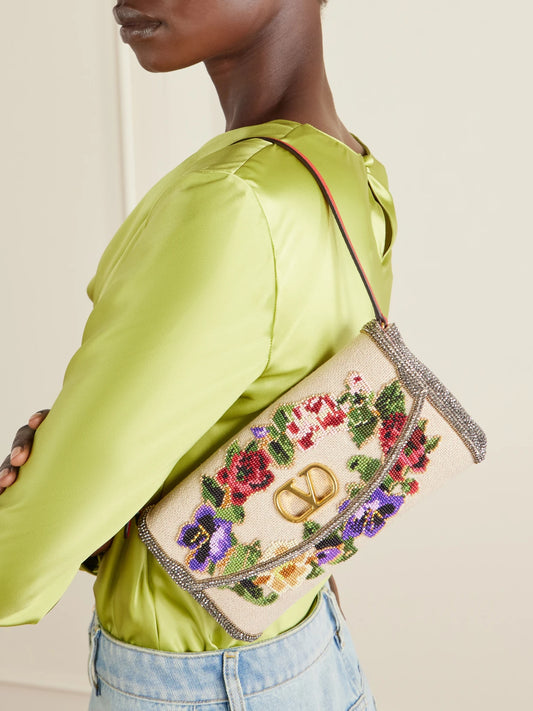 Image of Bags. Product name - Devain Sequin-embellished Cloqué Shoulder Bag in Multi colour by brand - Valentino Garavani