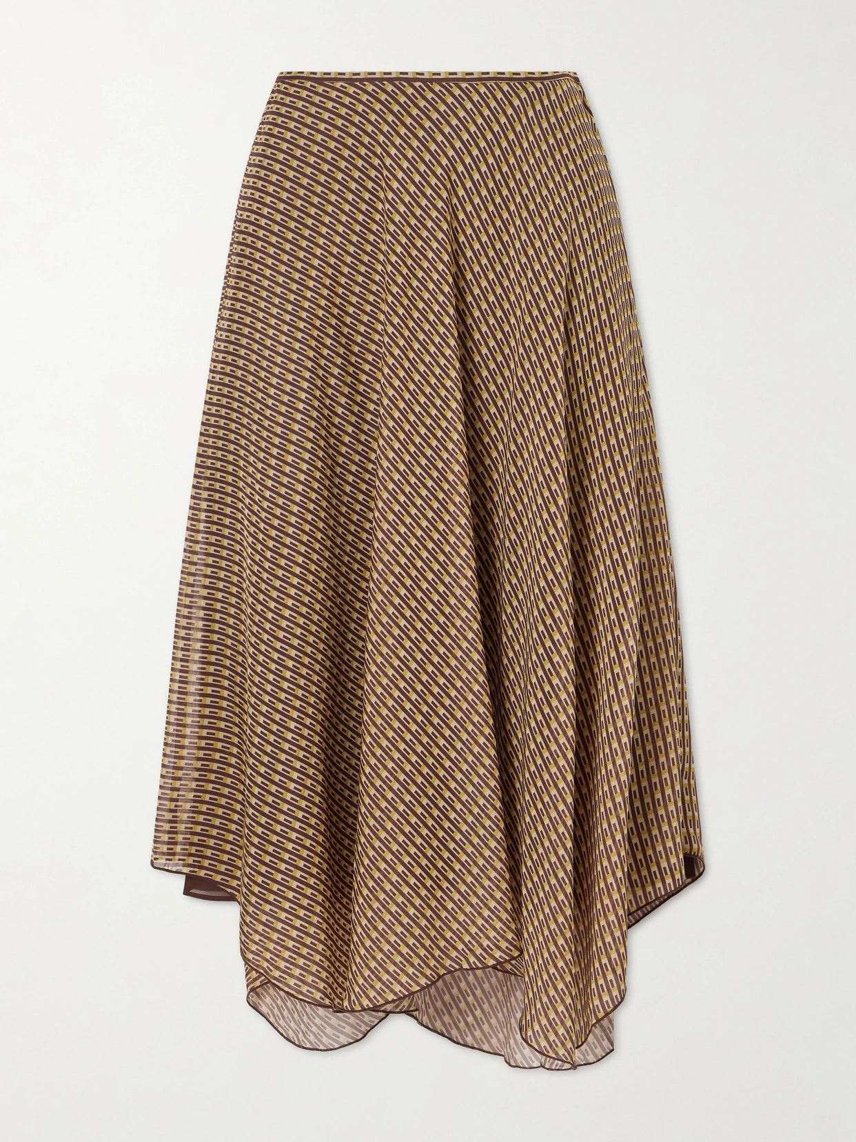 Image of a model wearing Skirts. Product name - Cooper Asymmetric Printed Chiffon Maxi Skirt in Tan colour by brand - SIR.