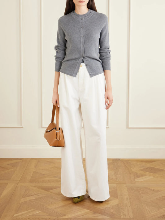 Image of a model wearing Outerwear. Product name - Abeena Ribbed Cotton And Cashmere-blend Cardigan in Light gray colour by brand - LISA YANG