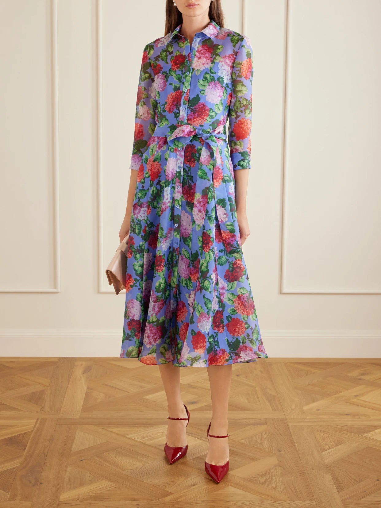 Image of Dresses. Product name - Belted Floral-print Silk-organza Midi Dress in Multi colour by brand - Carolina Herrera