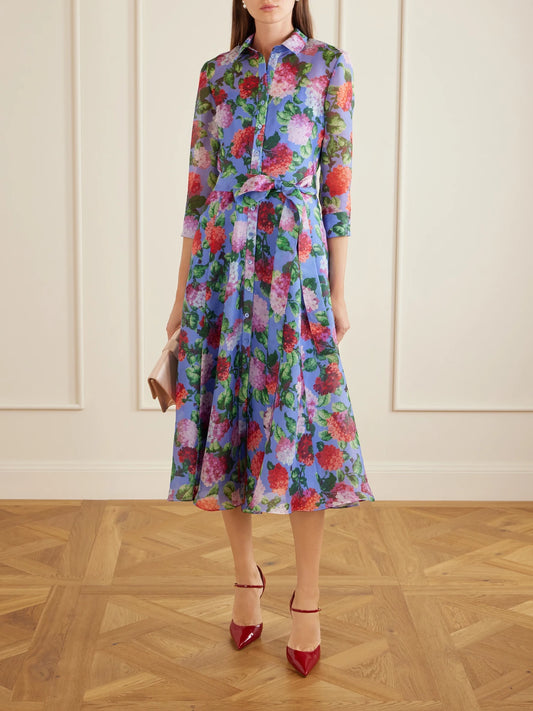 Image of Dresses. Product name - Belted Floral-print Silk-organza Midi Dress in Multi colour by brand - Carolina Herrera