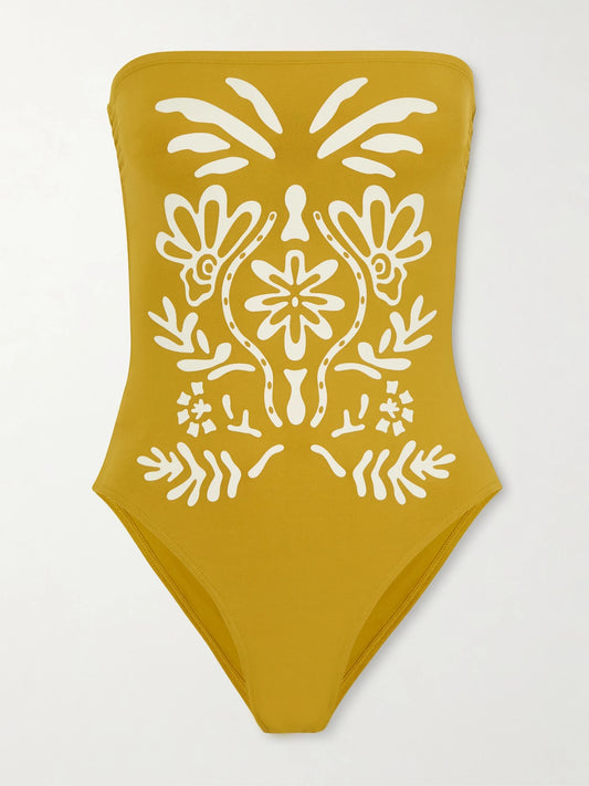 Image of Swimwear. Product name - Maharani Strapless Printed Swimsuit in Yellow colour by brand - Eres