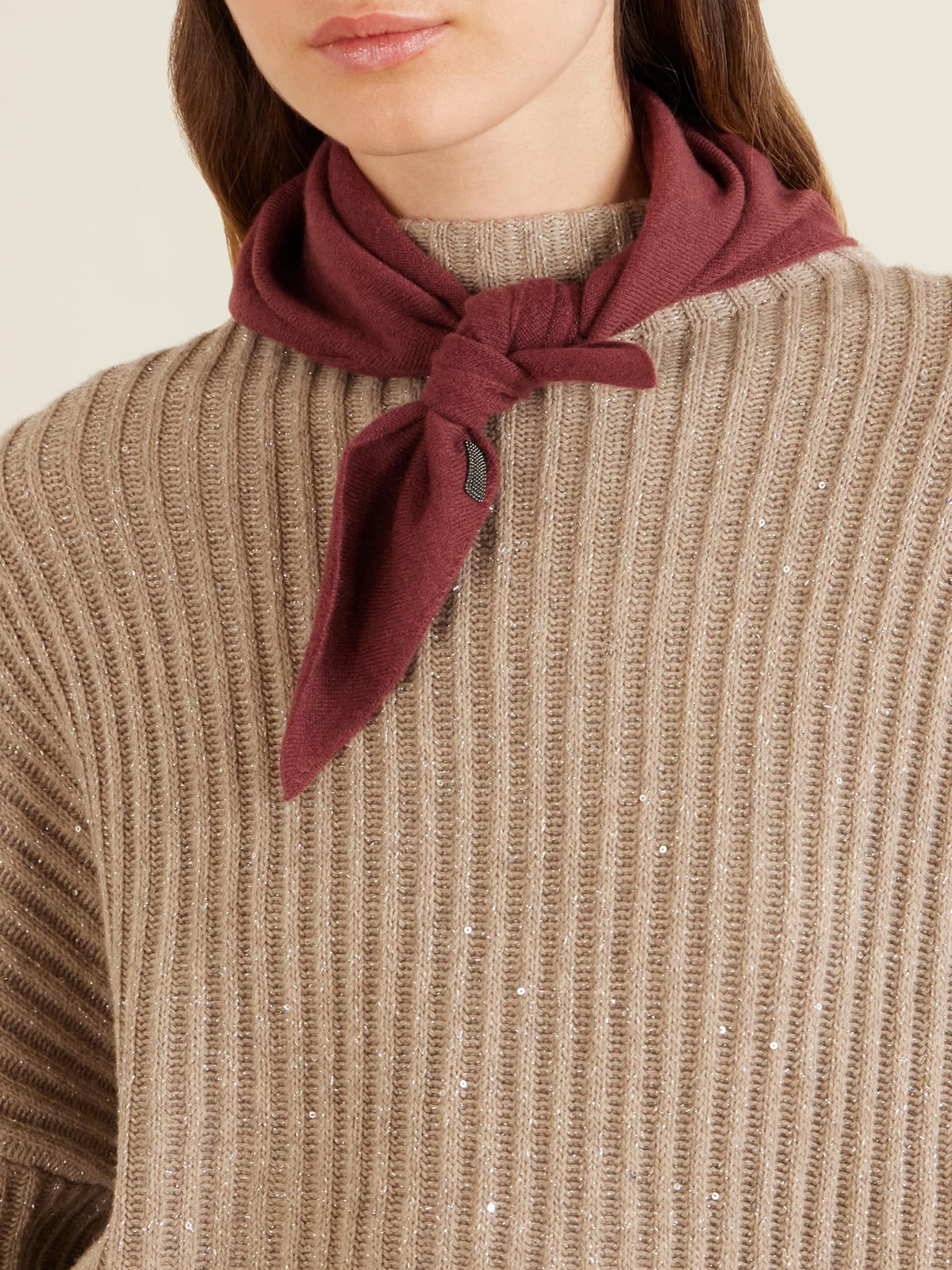 Image of Scarves & Shawls. Product name - Bead-embellished Cashmere Scarf in Burgundy colour by brand - Brunello Cucinelli