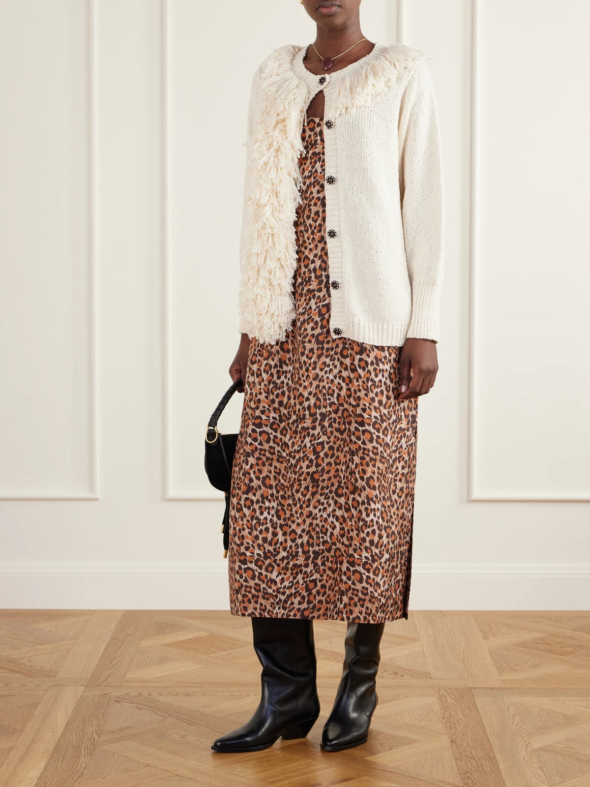 Image of Dresses. Product name - Daph Leopard-print Silk-crepe De Chine Midi Dress in Brown colour by brand - ALIX OF BOHEMIA