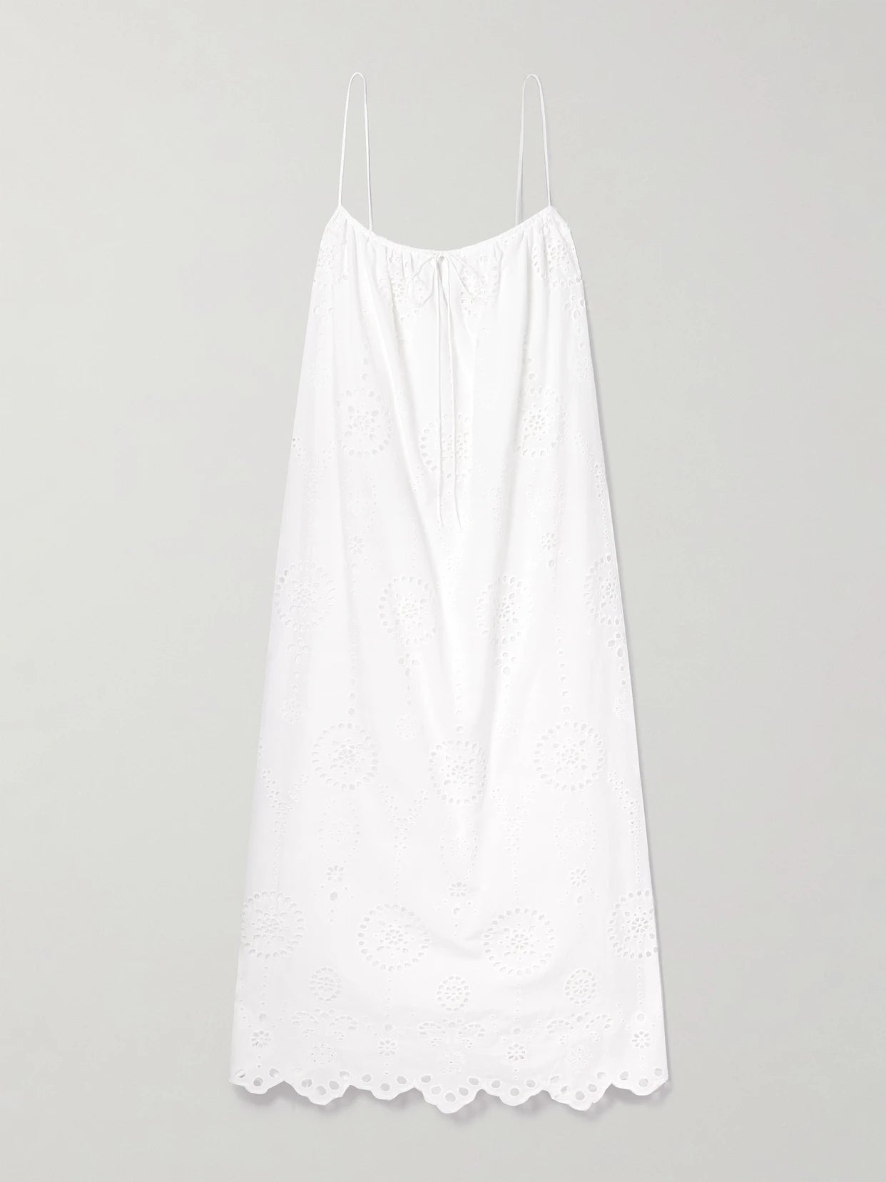 Tie-detailed Scalloped Broderie Anglaise Cotton Midi Dress