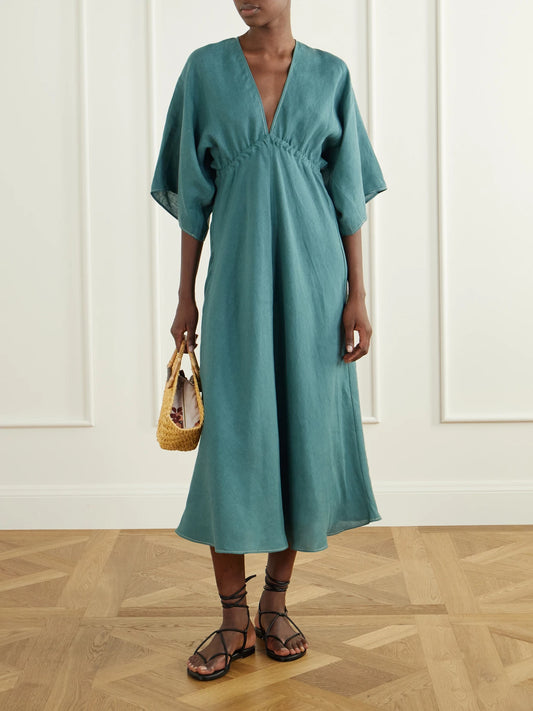 Image of Dresses. Product name - Brilliance Gathered Linen Midi Dress in Green colour by brand - Eres