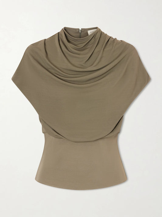 Image of a model wearing Tops. Product name - Jocelyn Gathered Draped Jersey Top in Gray green colour by brand - KALLMEYER