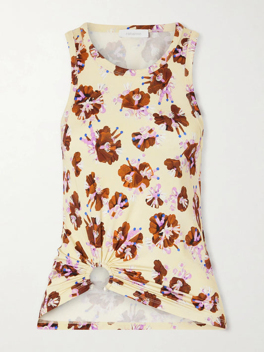 Image of a model wearing Tops. Product name - Gathered Floral-print Jersey Top in Yellow colour by brand - RABANNE