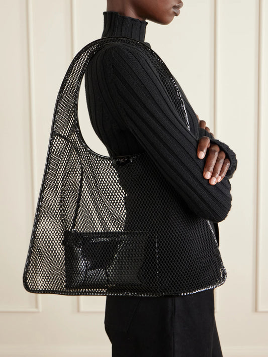 Image of Bags. Product name - Leather-trimmed Crocheted Shoulder Bag in Black colour by brand - Alaïa