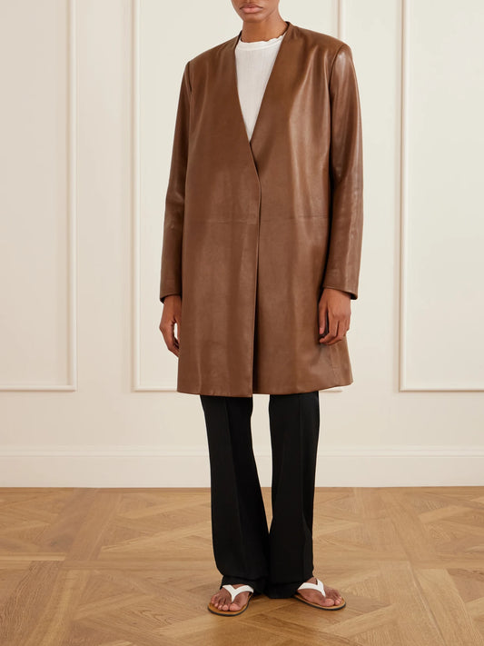 Image of Coats & Jackets. Product name - Clarisa Leather Knee-lenght Coat in Dark brown colour by brand - The Row