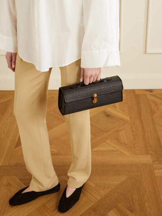 Image of Bags. Product name - Slim Symmetry Woven Leather Tote in Black colour by brand - Savette