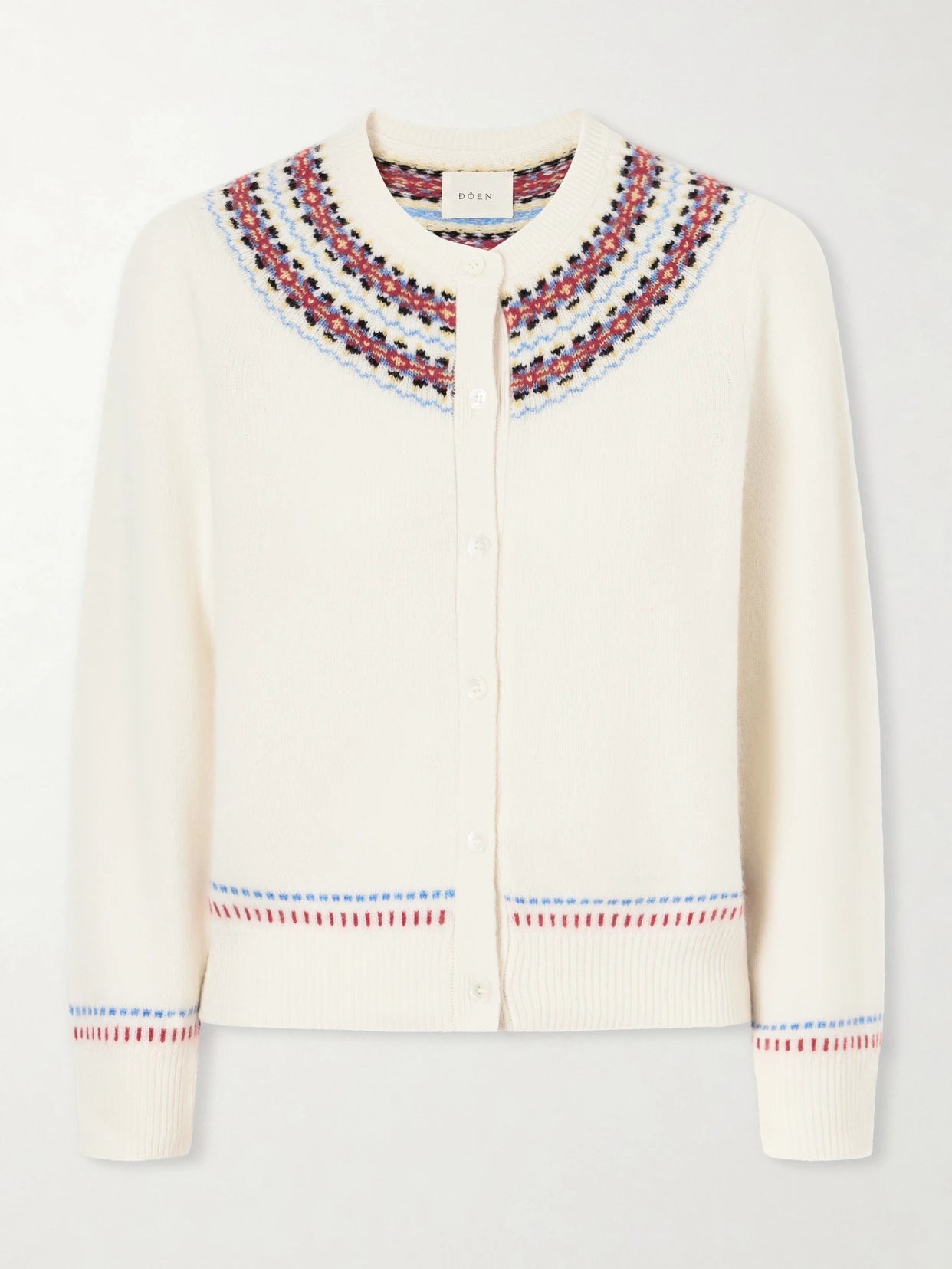 Image of a model wearing Outerwear. Product name - Olympe Embroidered Wool And Cashmere-blend Cardigan in Ivory colour by brand - DÔEN