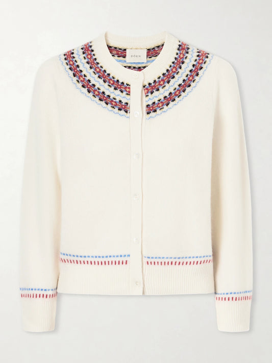 Image of a model wearing Outerwear. Product name - Olympe Embroidered Wool And Cashmere-blend Cardigan in Ivory colour by brand - DÔEN