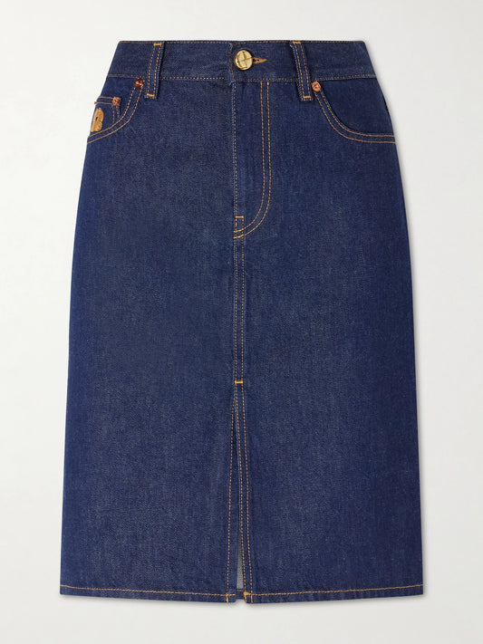 Image of Jeans. Product name - Denim Midi Skirt in Dark denim colour by brand - BLAZÉ Milano