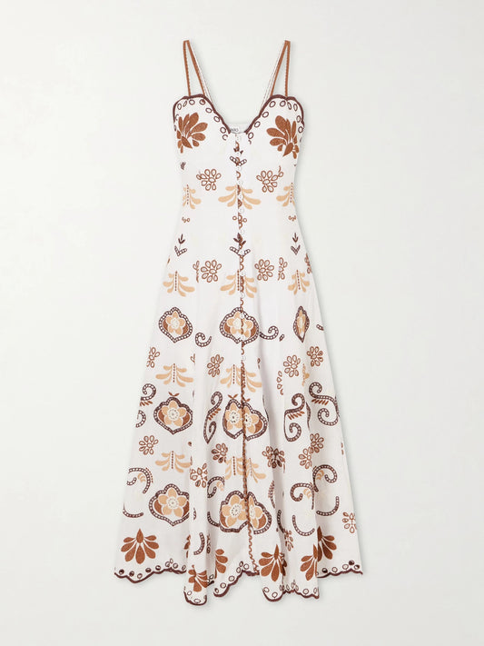 Image of Dresses. Product name - Lorina Broderie Anglaise Cotton-blend Midi Dress in Brown colour by brand - Charo Ruiz