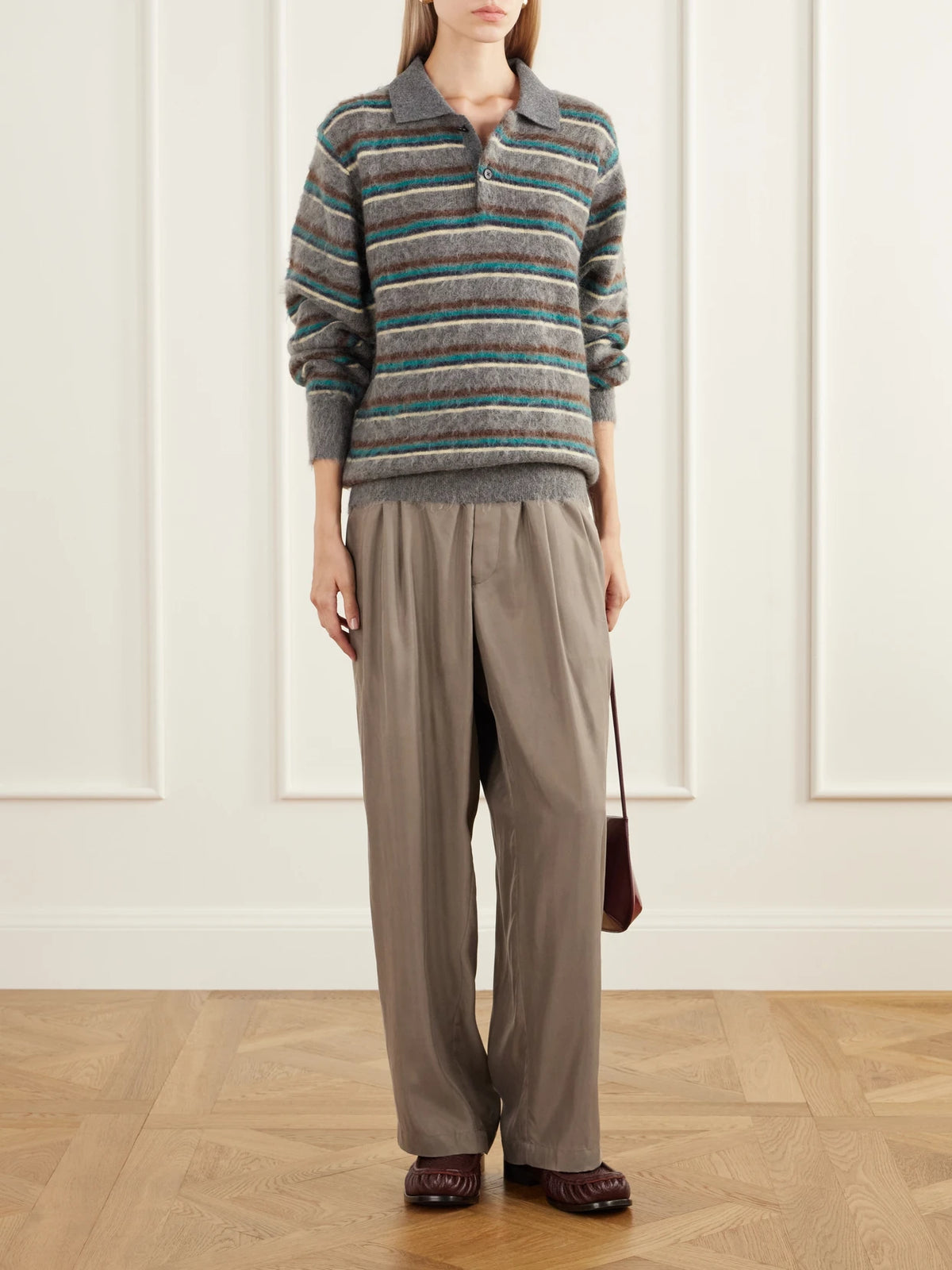 Image of a model wearing Outerwear. Product name - Striped Brushed-knit Polo Shirt in Multi colour by brand - ssstein