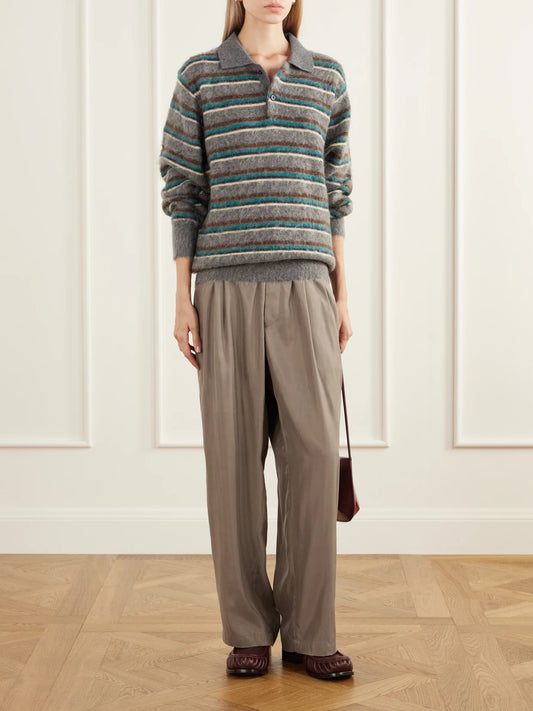 Image of a model wearing Outerwear. Product name - Striped Brushed-knit Polo Shirt in Multi colour by brand - ssstein