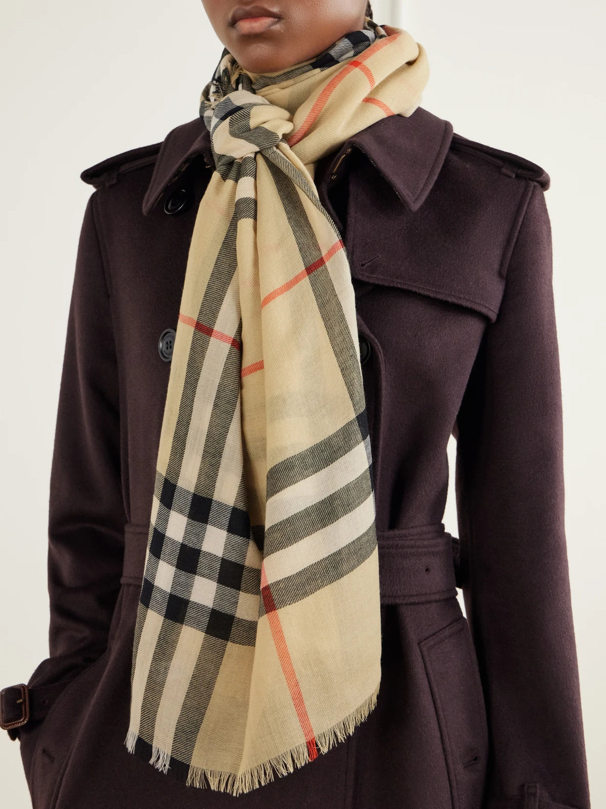 Image of Scarves & Shawls. Product name - Frayed Checked Wool Scarf in Beige colour by brand - Burberry