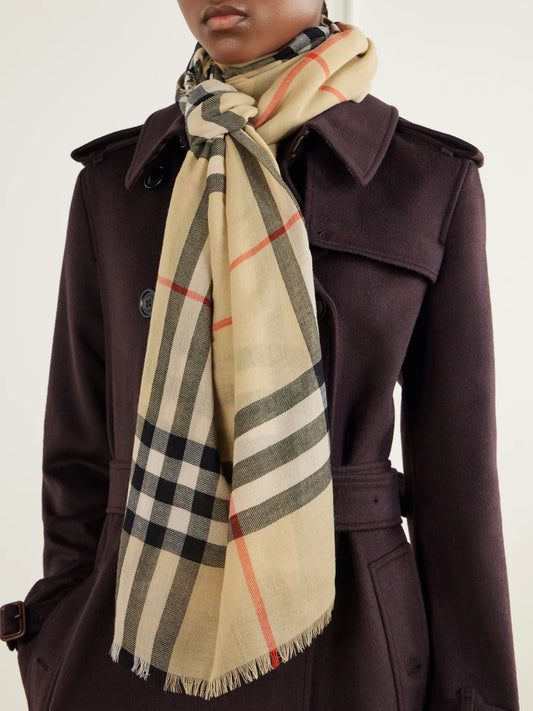 Image of Scarves & Shawls. Product name - Frayed Checked Wool Scarf in Beige colour by brand - Burberry