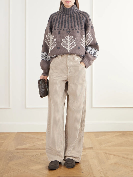Image of a model wearing Outerwear. Product name - Fair Isle Intarsia-knit Cashmere Sweater in Brown colour by brand - Brunello Cucinelli