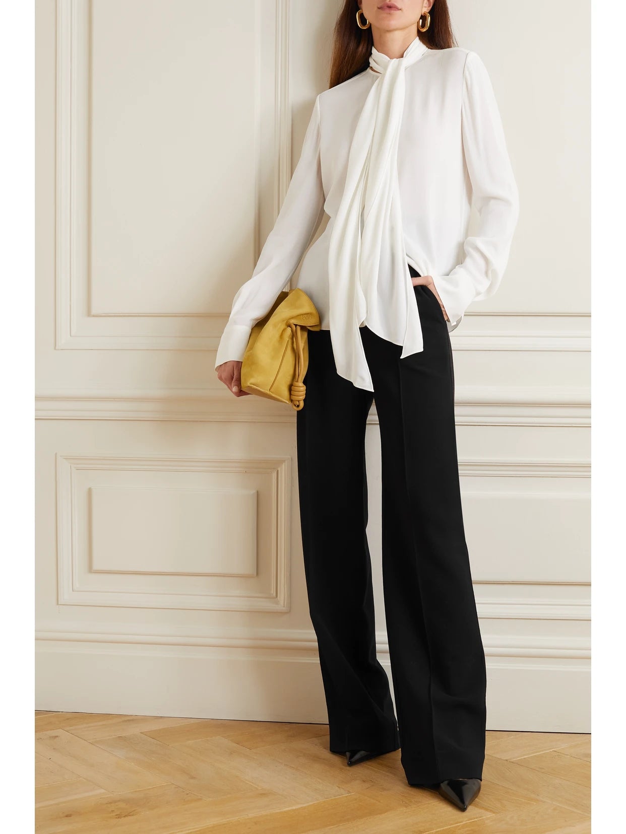 Image of a model wearing Pants. Product name - + Net Sustain Stretch-merino Wool Wide-leg Pants in Black colour by brand - Another Tomorrow