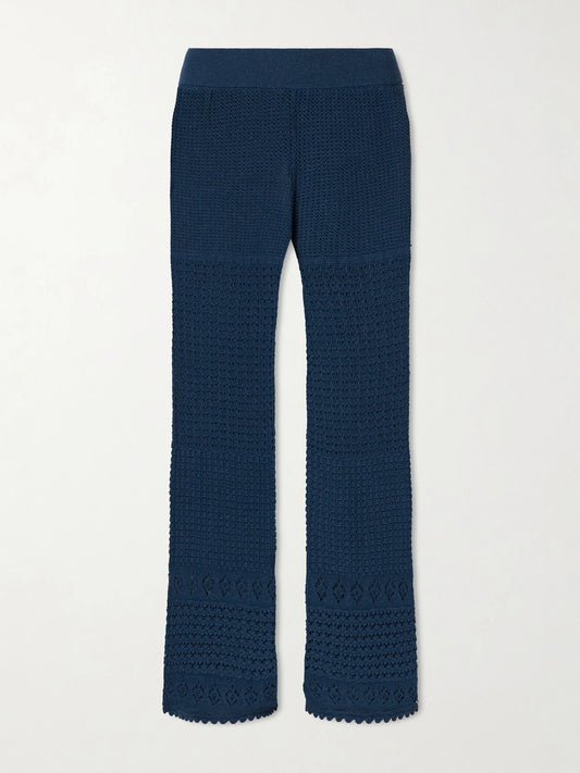 Image of a model wearing Pants. Product name - Emblème Crocheted Cotton-blend Straight-leg Pants in Navy colour by brand - Eres