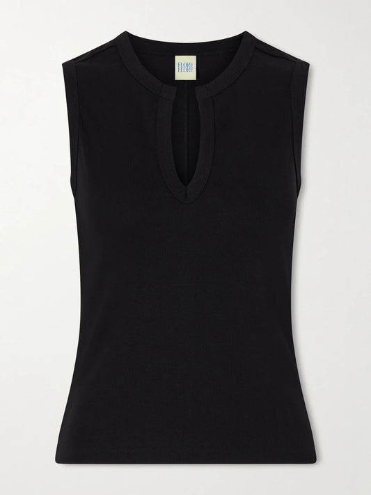Image of a model wearing Tops. Product name - Iman Organic Cotton-jersey Tank in Black colour by brand - FLORE FLORE