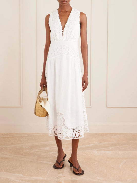 Image of Dresses. Product name - Floral-embroidered Linen Midi Dress in Off-white colour by brand - Farm Rio