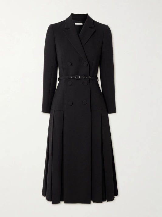 Chaney Belted Pleated Double-breasted Wool-crepe Midi Dress