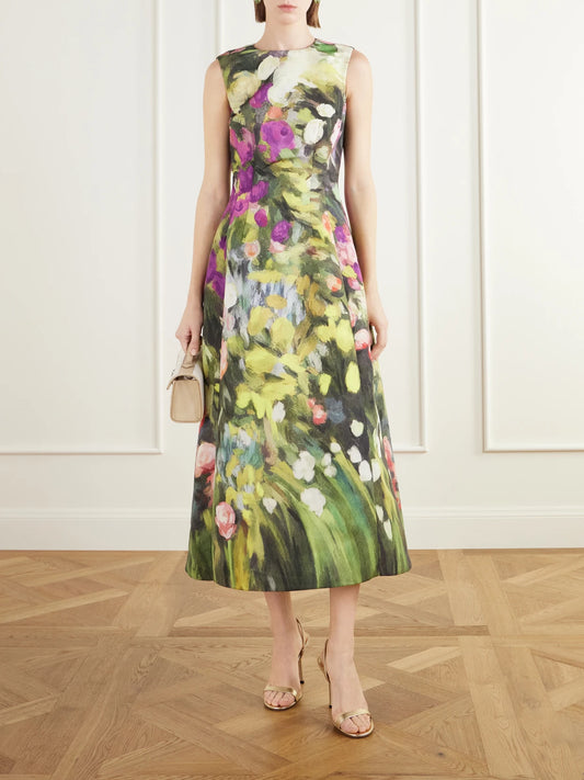 Image of Dresses. Product name - Darted Floral-print Faille Midi Dress in Multi colour by brand - Oscar de la Renta