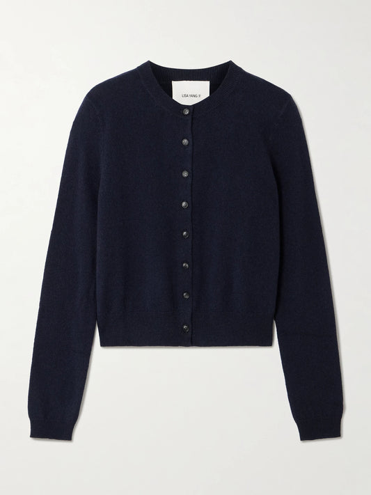 Image of a model wearing Outerwear. Product name - Karia Cashmere Cardigan in Navy colour by brand - LISA YANG