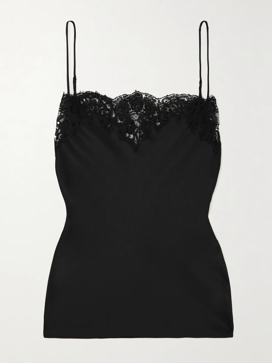 Image of a model wearing Tops. Product name - Lace-trimmed Satin Camisole in Black colour by brand - Stella McCartney
