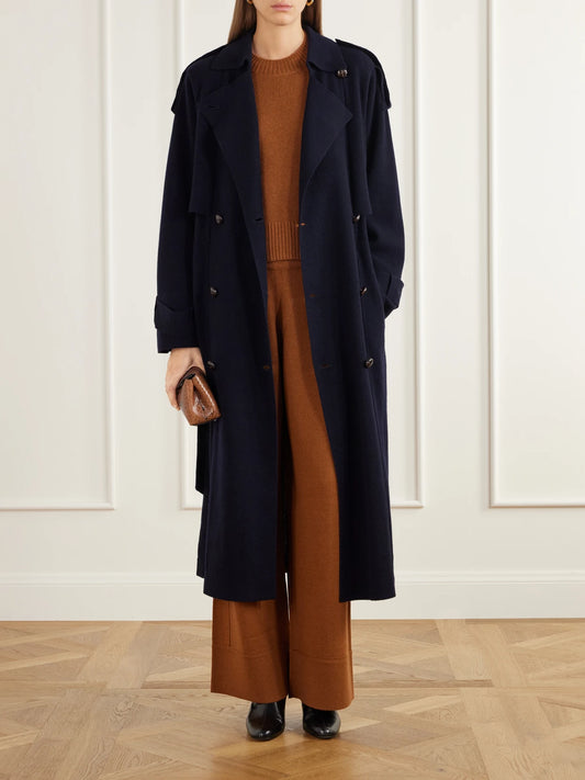 Image of a model wearing Pants. Product name - Wool And Cashmere-blend Wide-leg Pants in Brown, Navy colour by brand - Allude