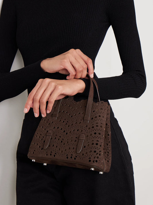 Image of Bags. Product name - Mina Laser-cut Suede Tote in Brown colour by brand - Alaïa