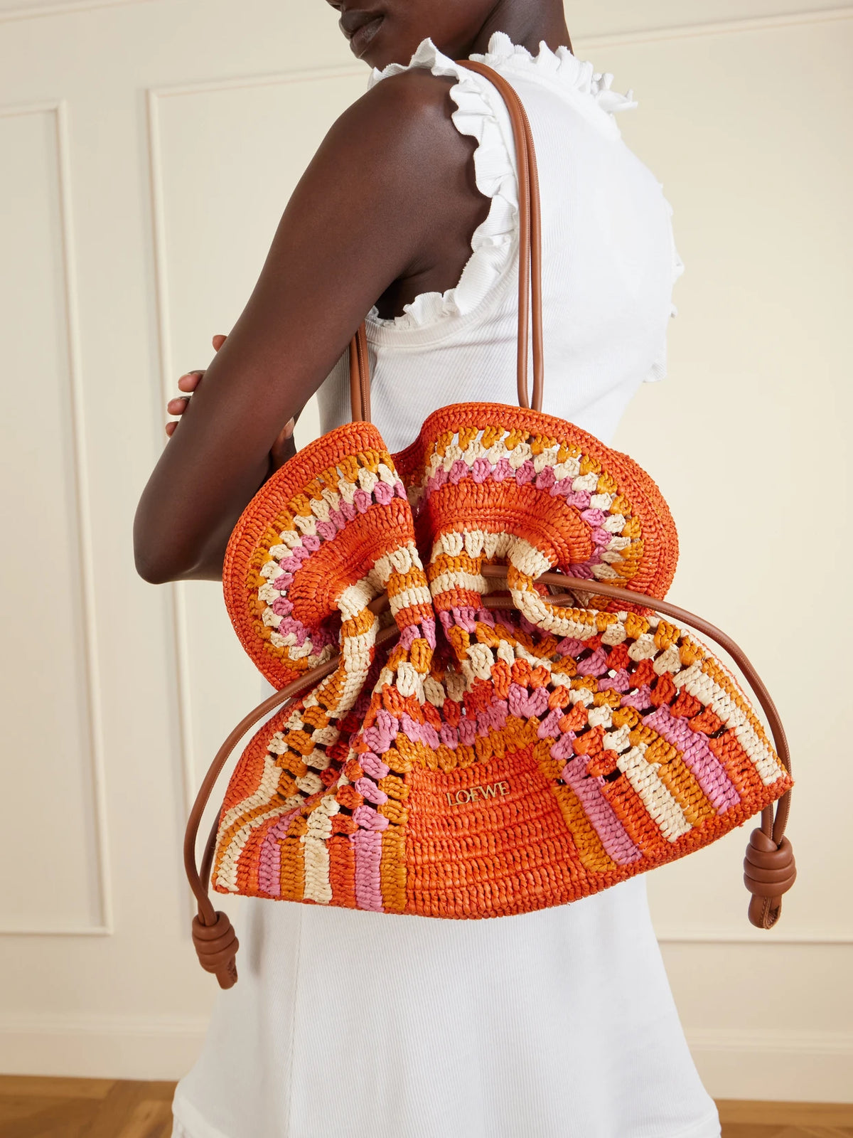 Image of Bags. Product name - + Paula's Ibiza Flamenco Mini Leather-trimmed Crocheted Raffia Clutch in Bright orange colour by brand - LOEWE