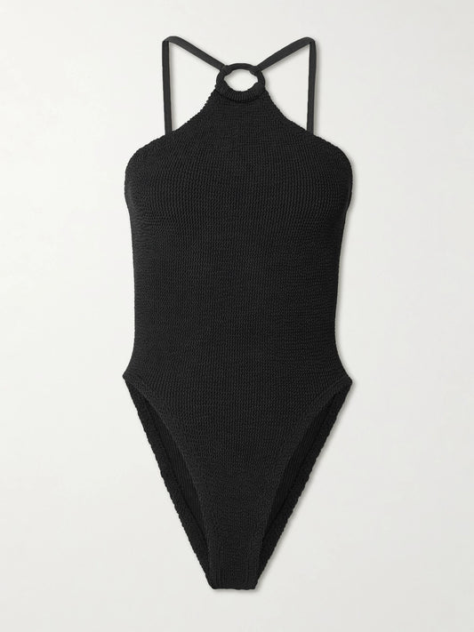Image of Swimwear. Product name - Jasmine Cutout Original Crinkle Halterneck Swimsuit in Black colour by brand - Hunza G