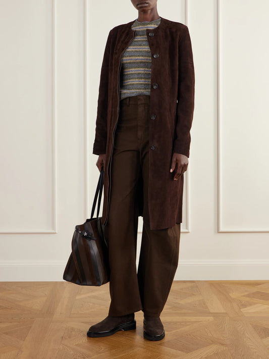 Image of Coats & Jackets. Product name - Paneled Suede Coat in Brown colour by brand - La Ligne